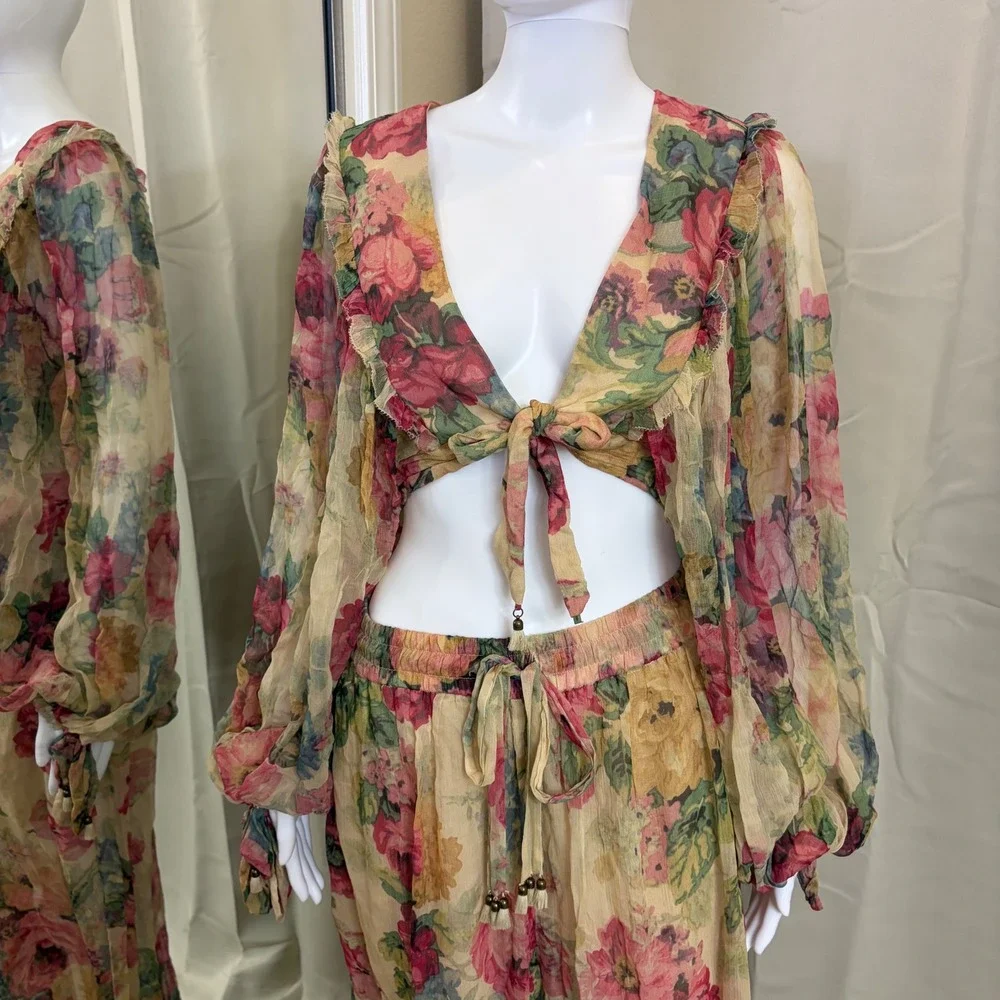 Zimmermann Melody Silk Two Piece Set Crop Tie Top Wide Leg Pants Size 2 Boho
